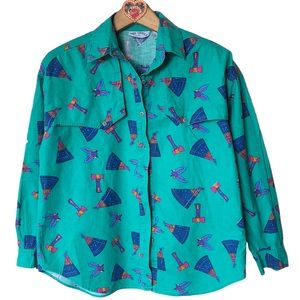 Vintage Western Novelty Print Button-up M Cotton by Side Saddle Copyrigh…